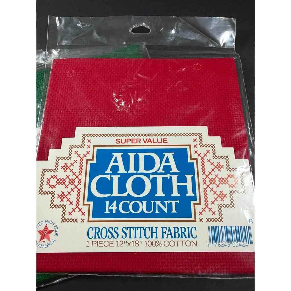 Aida Cloth Cross Stitch Fabric 12x18 Red Green 14 Count Lot of 2